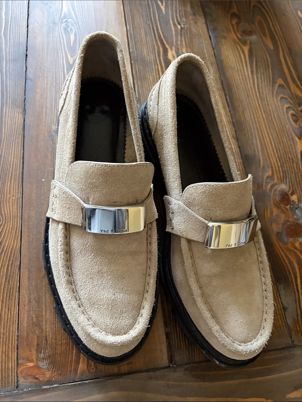 rag & bone Taupe Suede Loafers with Silver Buckle